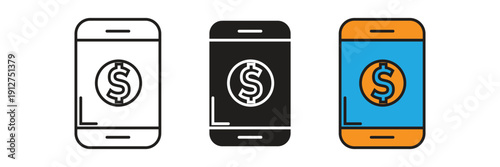 Mobile Payment App Vector Icon. Smartphone vector icon displaying a central dollar coin symbol on screen for mobile banking services.