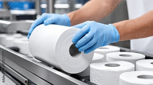 Worker in blue gloves handling a roll of white paper towels on a conveyor belt in a production facility with additional rolls visible in the background during manufacturing process