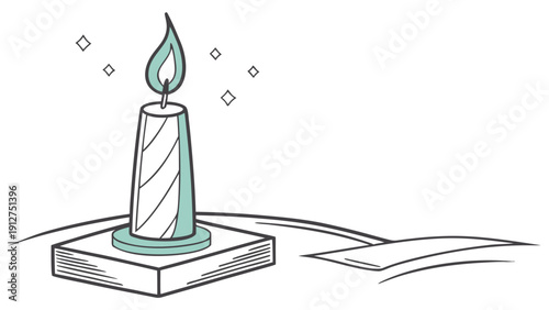 Lighted teal candle on an open book with twinkling sparkles