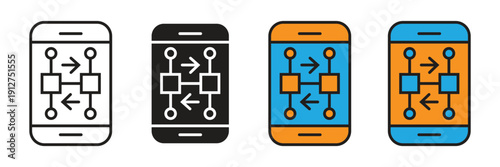 Mobile Network System Vector Icon. Smartphone interface displaying a complex network diagram representing mobile data systems and cloud computing architecture.