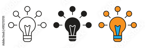 Idea Generation Icon Vector. Light bulb icon with branching nodes representing creative thinking, innovation, strategy, and brainstorming process ideas.