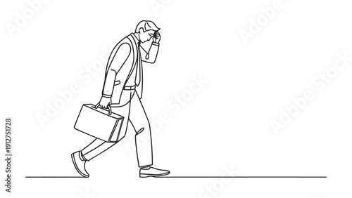 Line of a man in suit walking with briefcase and talking on phone line black and white