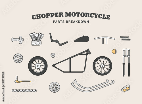 Chopper motorcycle parts diagram. Classic custom chopper motorcycle parts breakdown symbol logo icons collections. Simple cartoon style vector illustration