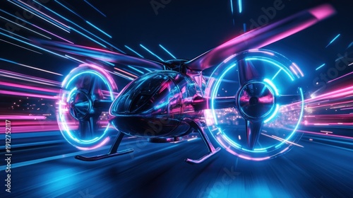 Futuristic helicopter, neon glow, high-speed flight