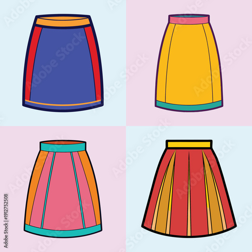 Colorful Midi Skirts Set Flat Design Vector Illustration