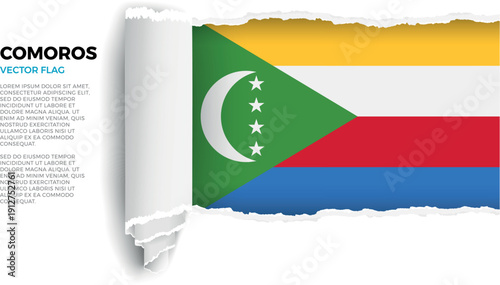 Flag of Comoros. Flag revealed through torn paper rolled up on a transparent background
