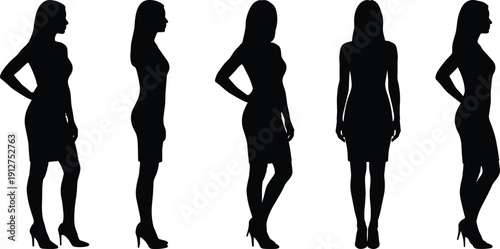 Woman silhouette set, fashion model standing poses collection, female body, cad drawing flat vector illustration, elegant lady wearing dress heels.
