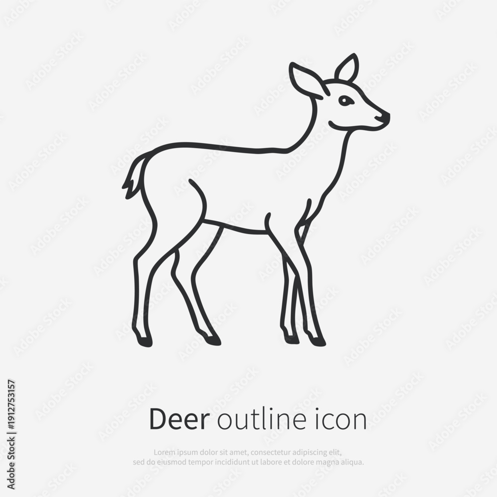 Fototapeta premium Black and white baby deer outline illustration in side view. Cute fawn line art vector isolated on white background, perfect for kids designs, nursery art, logos, stickers, posters, branding.