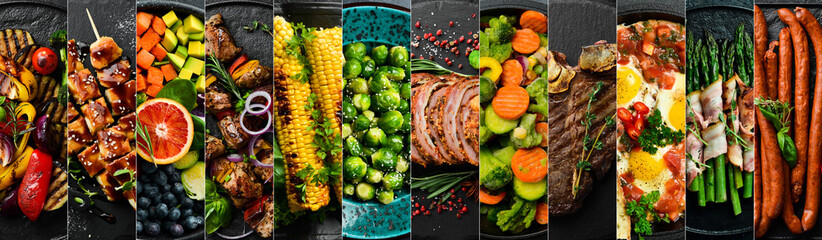 Background of food, drinks and dishes: pizza, breakfasts, lunches, soups and snacks. Photo collage, banner from photos.