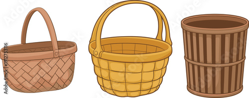 Wicker basket and wooden container set illustration, empty woven baskets collection for storage and picnic use, rustic household design isolated on white background.