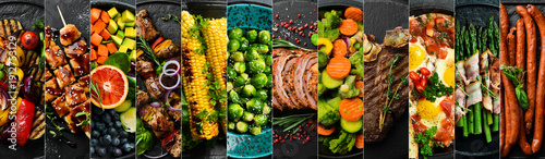 Background of food, drinks and dishes: pizza, breakfasts, lunches, soups and snacks. Photo collage, banner from photos.