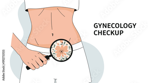 Magnifying glass held over a woman's lower abdomen showing beautiful flowers representing healthy female gynecology checkup.