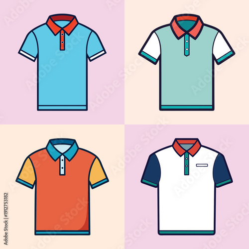 Collection of colorful polo shirts in flat design vector illustration