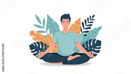 Calm man sitting in a lotus position and meditating peacefully while surrounded by various tropical green and yellow leaves.