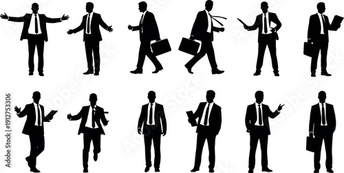 Professional businessman silhouettes in various poses including walking with briefcase, running, presenting, standing, gesturing, and holding documents for corporate design.