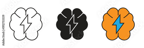 Brainstorming Energy Icon Vector. Brain icon with lightning bolt symbol representing mental power, creative energy, fast thinking, and motivation.