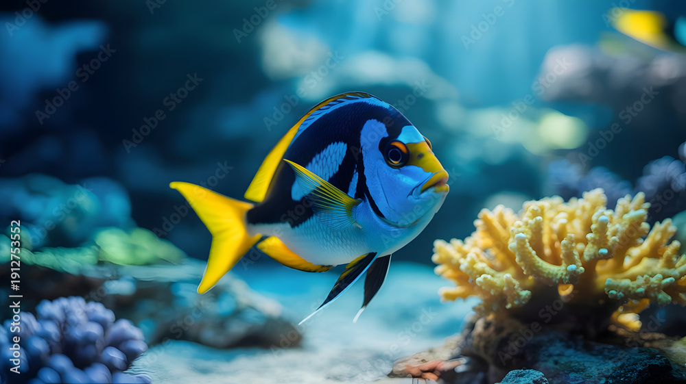 Fototapeta premium Vibrant blue and yellow tropical fish swimming near coral reef