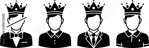 Professional Male Avatar Icons Set Wearing Royal Crowns in Formal Tuxedo Business Suit Casual Polo and Button Down Shirt Styles