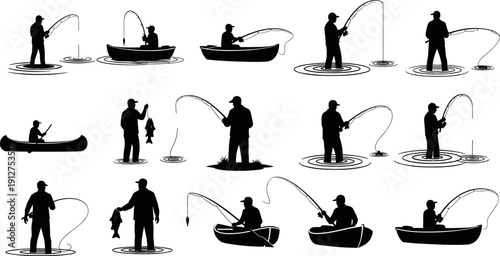 Fishing silhouettes collection, anglers casting rods from boat, canoe and shore, catching fish vector illustration isolated on white background