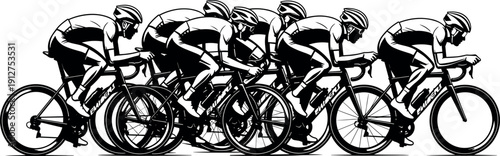 Professional Cycling Peloton Illustration of Road Bike Racers in a High Speed Sprint Pack Silhouette for Competitive Sports Graphic Design
