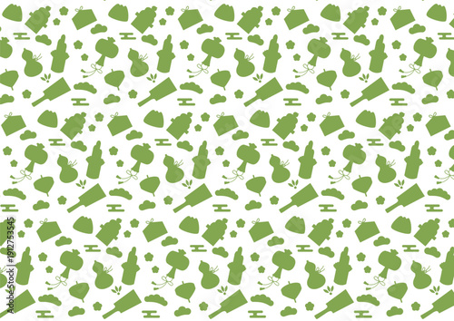 お正月の縁起物シルエットのシームレスパターン素材（緑）