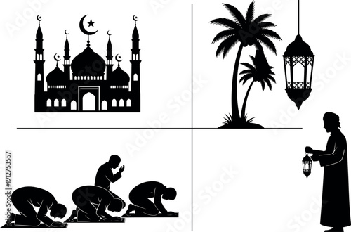 Ramadan Kareem Celebration Set with Mosque Silhouette Islamic Prayer People Traditional Lantern Fanous Palm Tree and Muslim Man Character Vector
