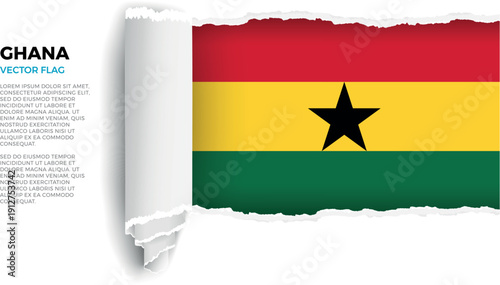 Flag of Ghana. Flag revealed through torn paper rolled up on a transparent background