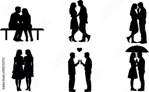 PrintRomantic Couple Silhouettes Collection Featuring Diverse Pairs in Love Including Same Sex Partners Dating Sitting on Bench and Under Umbrella