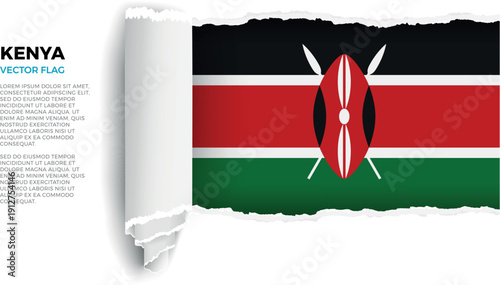 Flag of Kenya. Flag revealed through torn paper rolled up on a transparent background