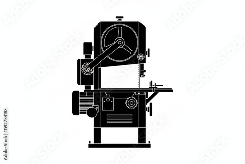 Band Saw Precision: A close-up, high-contrast silhouette of a heavy-duty band saw, a symbol of precision and craftsmanship in woodworking.