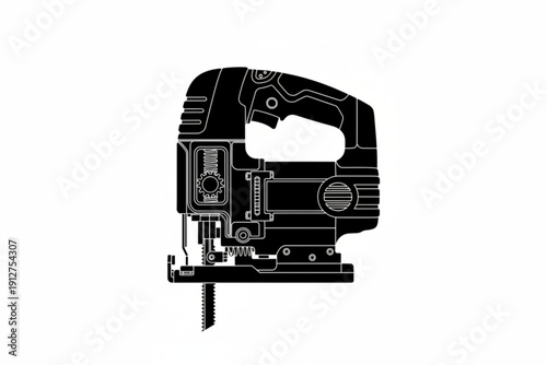 Jigsaw Silhouette: An industrial black silhouette of a jigsaw, the ultimate woodworking instrument for precision cutting, isolated and ready for action.