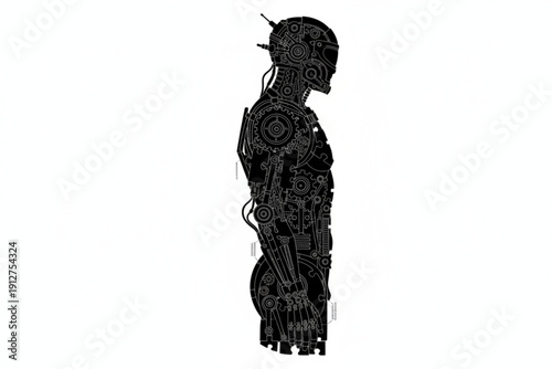 Cybernetic Form: A sophisticated, stylized representation of a humanoid cyborg, constructed from intricate mechanical components.