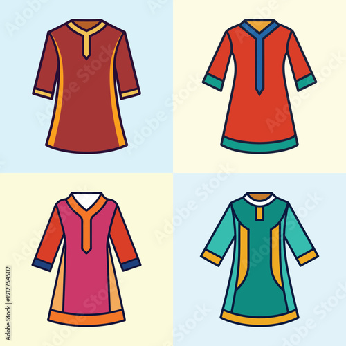 Set of traditional tunics in various colors and designs, flat design vector illustration