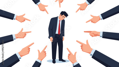 Stressed businessman standing with his head bowed while many hands from the sides point fingers at him in a blaming manner.