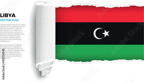Flag of Libya. Flag revealed through torn paper rolled up on a transparent background