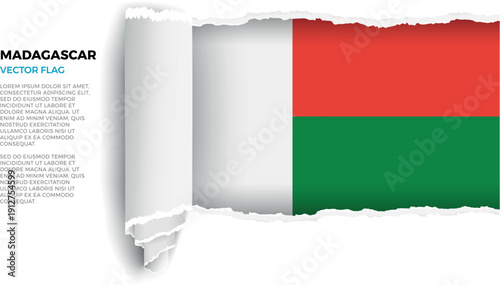 Flag of Madagascar. Flag revealed through torn paper rolled up on a transparent background