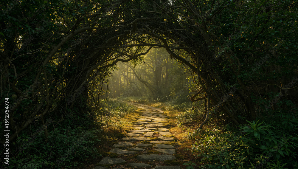 Obraz premium Enchanting forest path bathed in golden sunlight filtering through a natural archway of trees