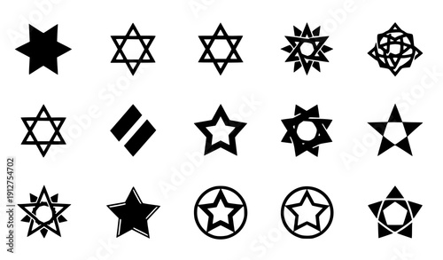 A bold decorative star pattern vector set composed of ten solid geometric star shapes aligned in horizontal formation on a solid white background. Each star features unique structural variations such 