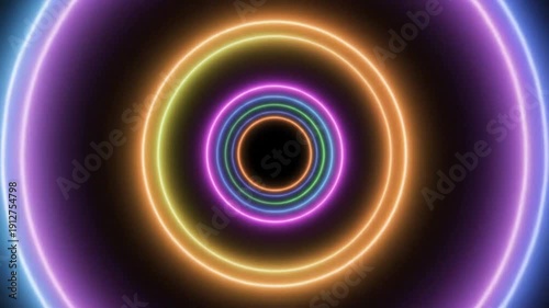 Abstract neon rings tunnel infinite loop vibrant colored circles on black background for modern digital design