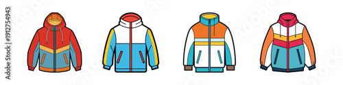 Colorful Windbreaker Jackets Set Flat Design Vector Illustration
