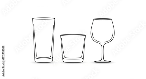 Three different types of drinking glasses outlined on a white background.