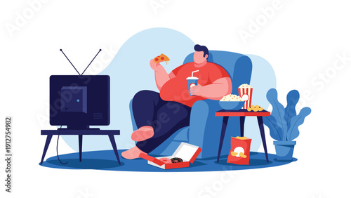 Overweight man sitting in a blue armchair and eating pizza and donuts while watching television with snacks on a side table.