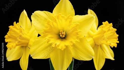 Time-lapse of Three Yellow Daffodils Blossoming Against a Dark Black Background, Showing Nature's Beauty