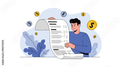 Stressed man holding a very long white paper receipt with dollar sign coins floating around him to represent financial debt.