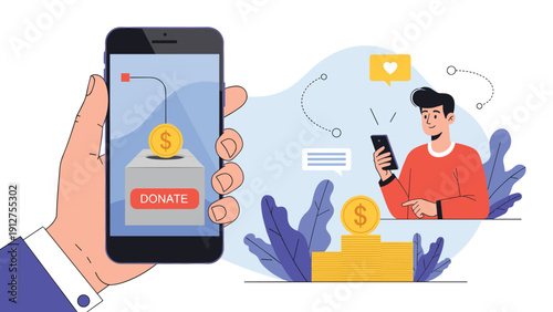 Hand holding a smartphone with a donation app displayed while another man uses his phone to contribute money to a cause.