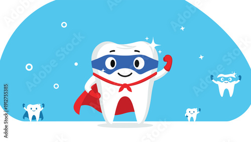 Cute superhero tooth character wearing a blue mask and a red cape standing proudly on a blue background to promote dental care.
