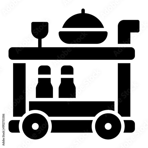 Food Trolley Glyph Icon Vector for Hotel Service and Hospitality, Accommodation Facilities and Guest Amenities Symbol