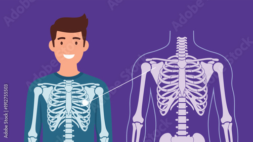 Happy man with a skeleton X-ray illustration overlaid on his body and a side view of the ribcage to represent medical health.