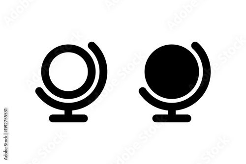 Stylized globe icons with open and solid design on white.
