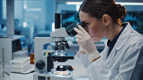 Focused Scientist Examining Sample Under Microscope in Modern Laboratory Environment Conducting Scientific Research